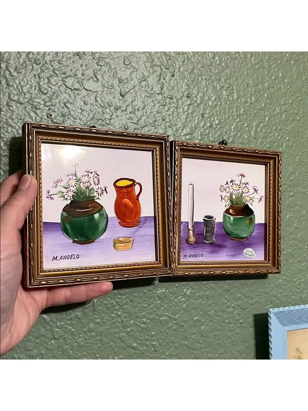 Vintage M Angelo Hand Painted Framed Tile Set Of 2 Japan
